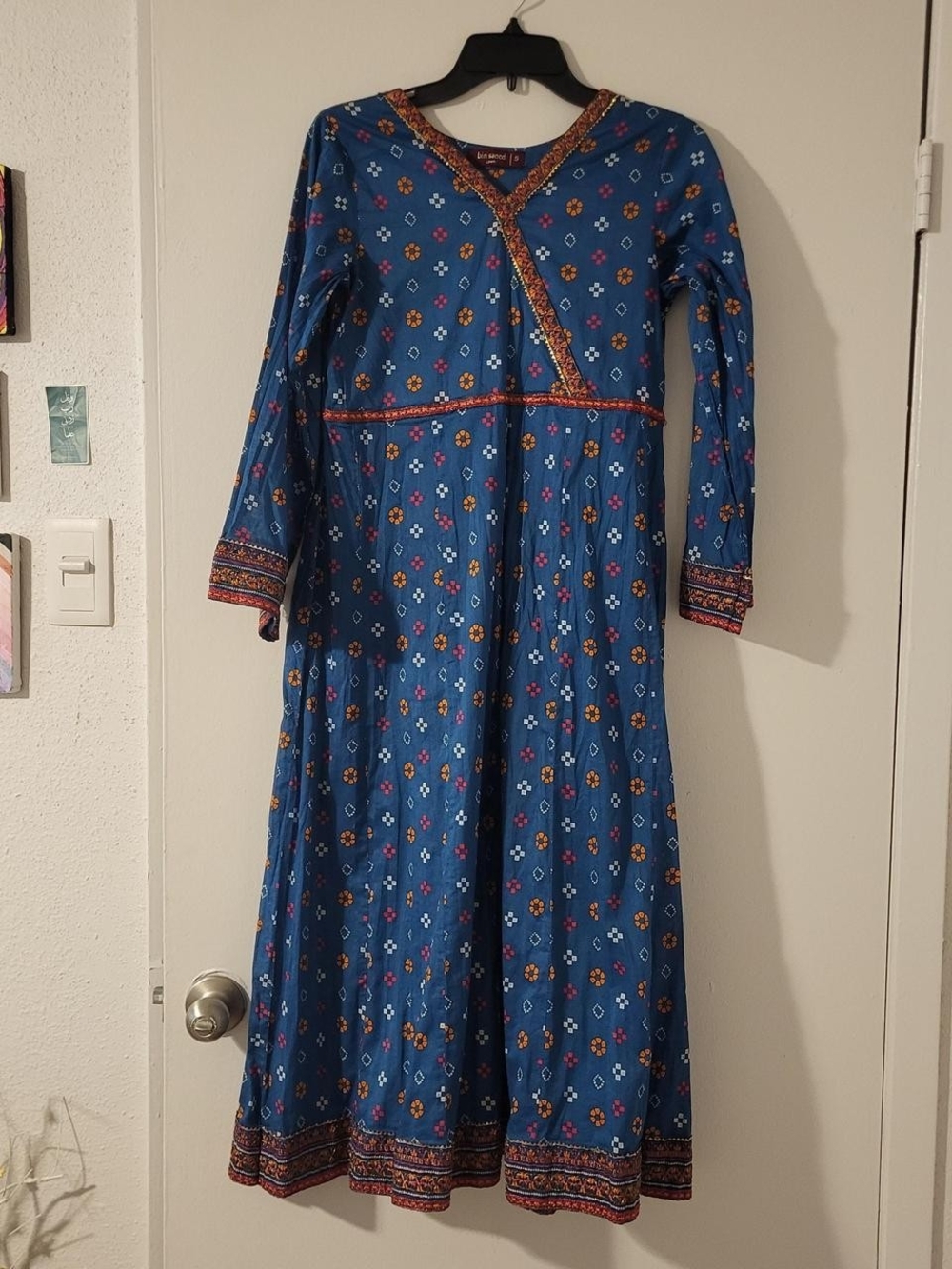 Blue Floral Maxi Dress with Embroidered Trim